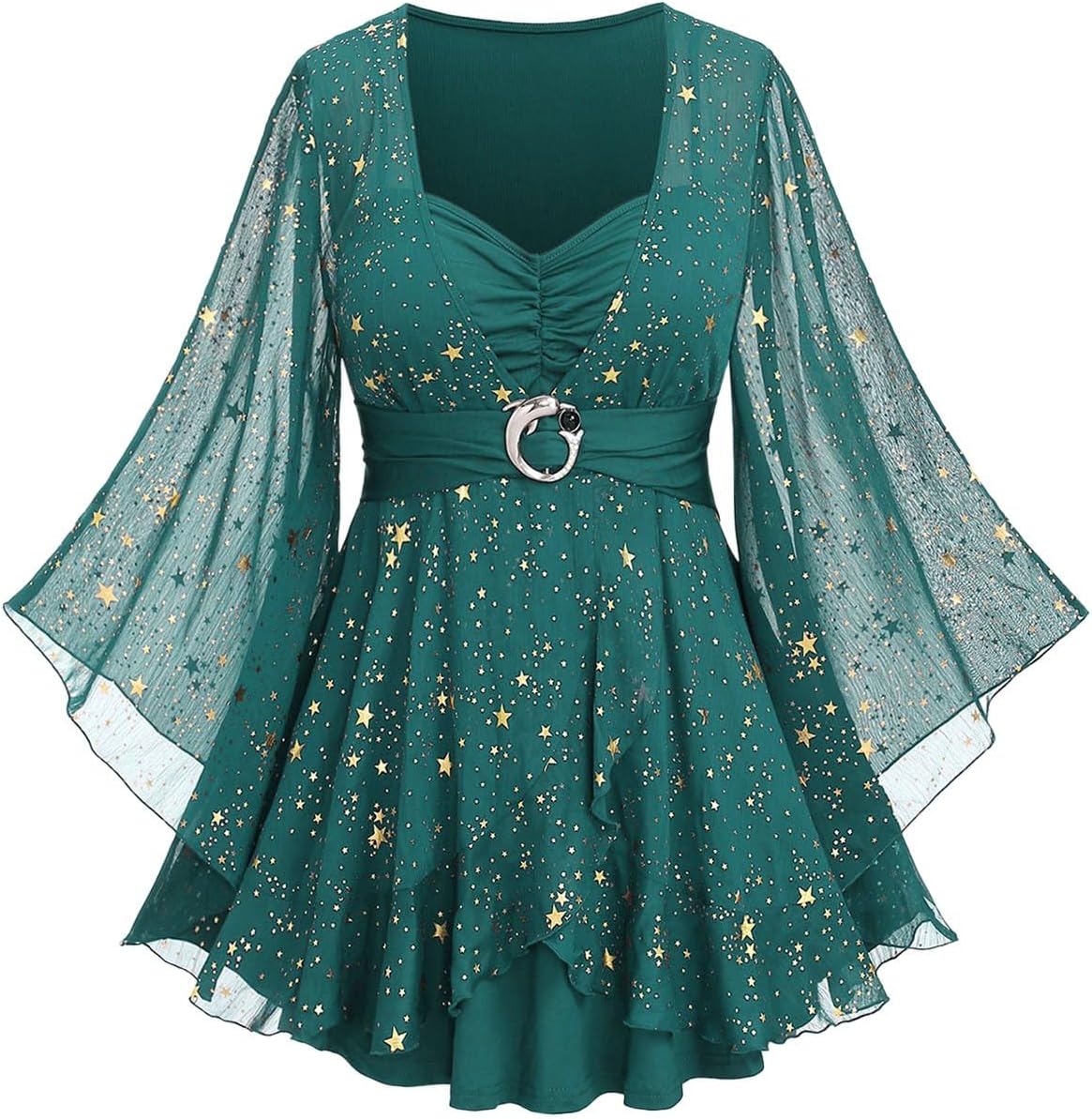 Rosegal Women Plus Size Sparkly Star Bell Sleeve Top