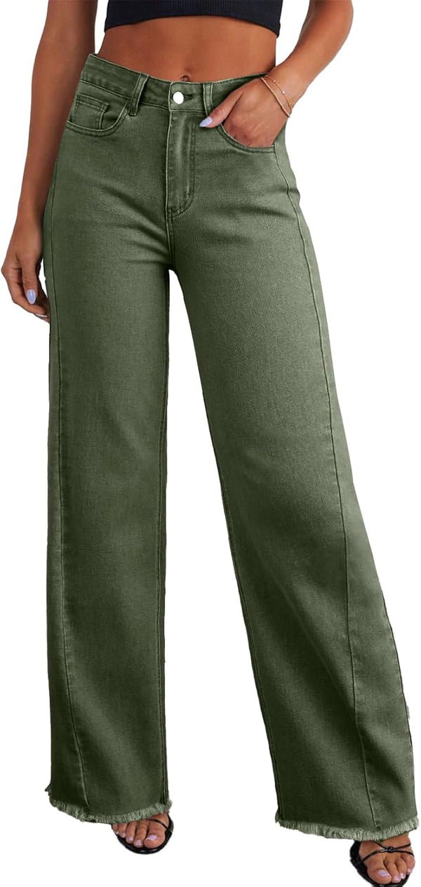 Sidefeel Women's Wide Leg Jeans High Waisted Stretchy Raw Hem
