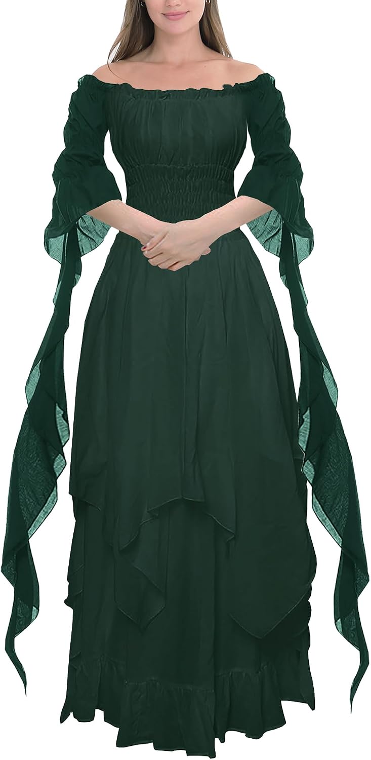 YEAXLUD Women's Victorian Dress Puff Sleeve Off Shoulder Ruffle Medieval Costume for Women Renaissance Dress