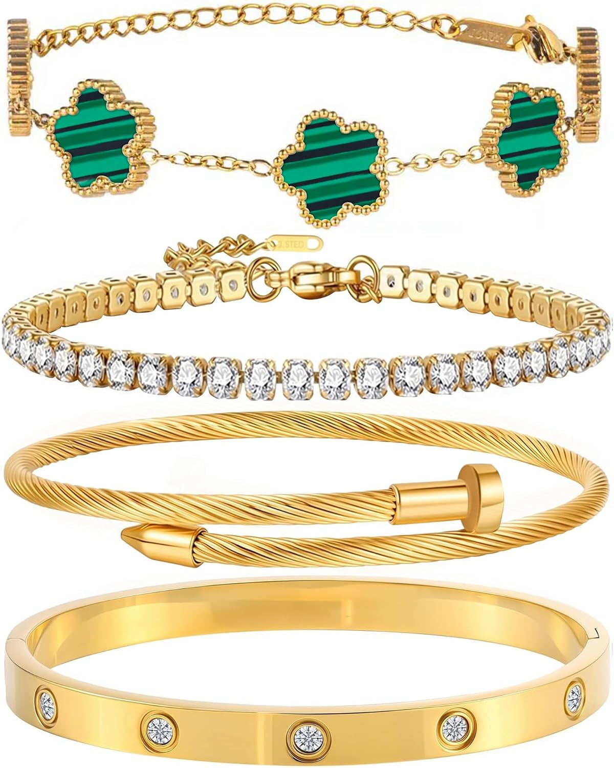 18K Gold Plated Bangle Bracelet Set for Women Stackable Lucky Floral Adjustable Tennis Bracelet Non Tarnish Gift Jewelry for Christmas Valentines Birthday Mother's Day