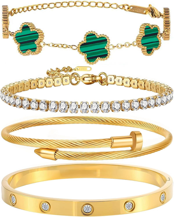 18K Gold Plated Bangle Bracelet Set for Women Stackable Lucky Floral Adjustable Tennis Bracelet Non Tarnish Gift Jewelry for Christmas Valentines Birthday Mother's Day