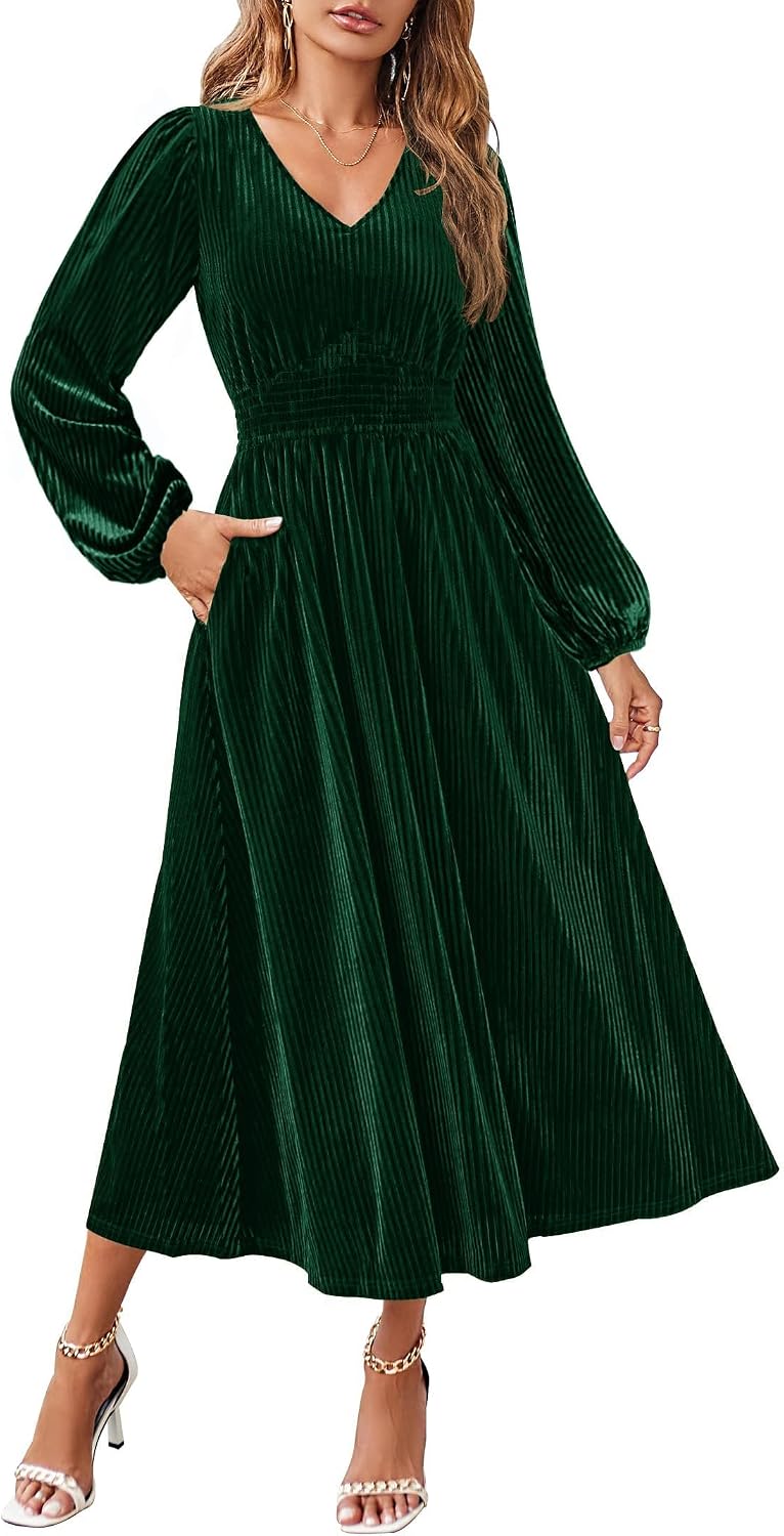 ZESICA Women's Velvet Wedding Guest Cocktail Long Sleeve Winter Dress