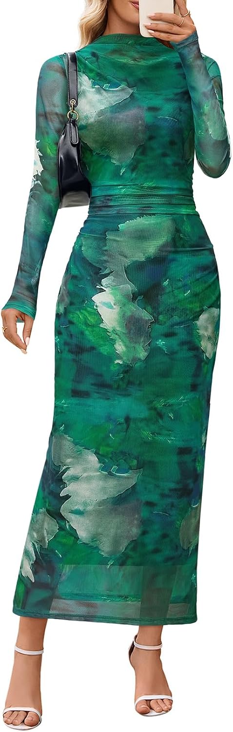 MEROKEETY Womens Fall Long Sleeve Floral Wedding Guest Maxi Dress