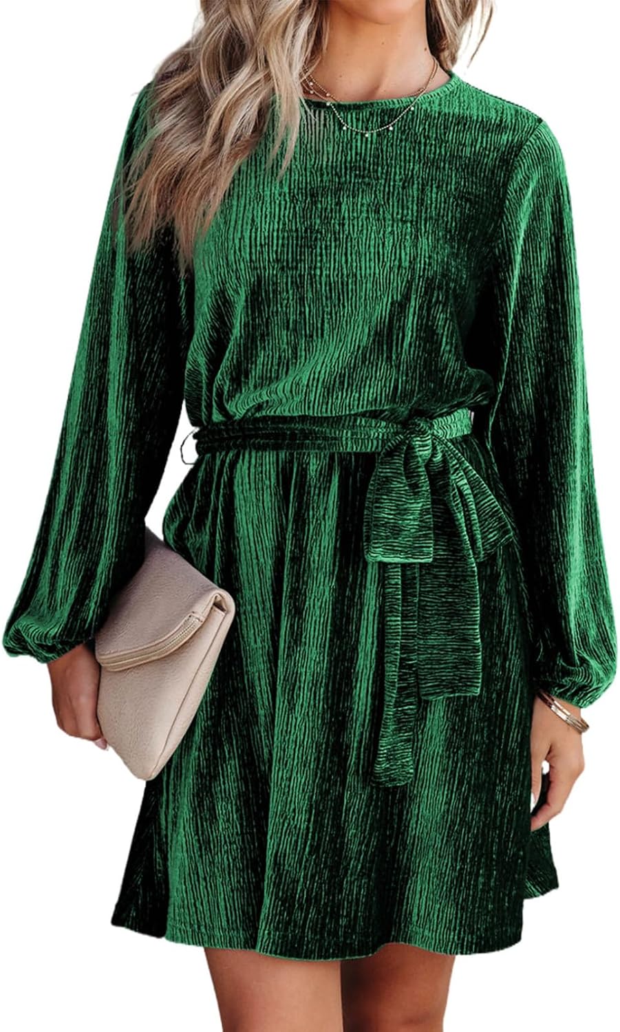 Happy Sailed Women's Velvet Dress Lantern Sleeve High Waist A-Line Skater Cocktail Party Dresses with Belt Business wear