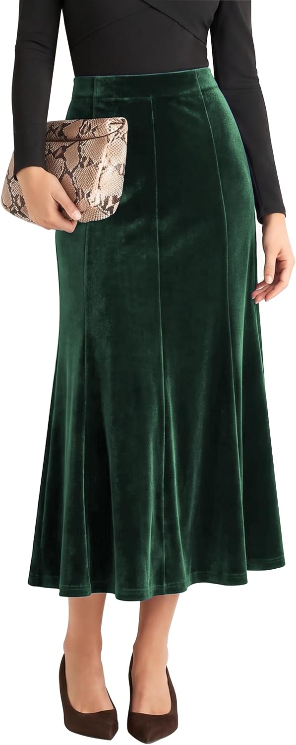 Urban CoCo Women's Velvet A-Line Midi Skirt High-Waisted Stretch