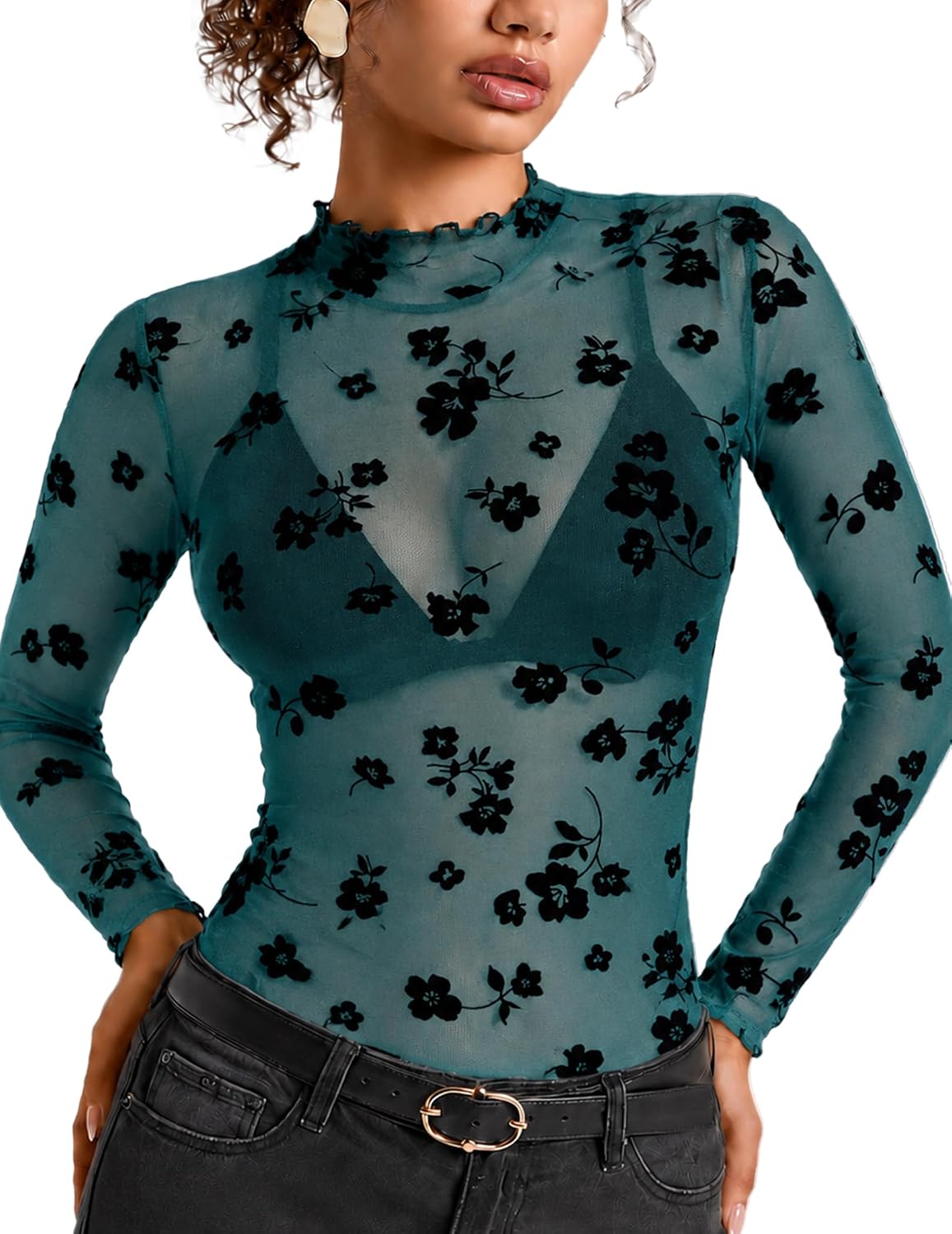 Women's Sheer Mesh Top, Mock Neck Long Sleeve Sparkly Going Out Shirt S-XXL
