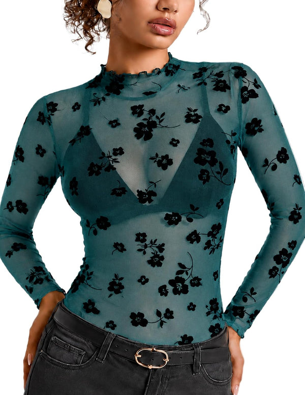 Women's Sheer Mesh Top, Mock Neck Long Sleeve Sparkly Going Out Shirt S-XXL
