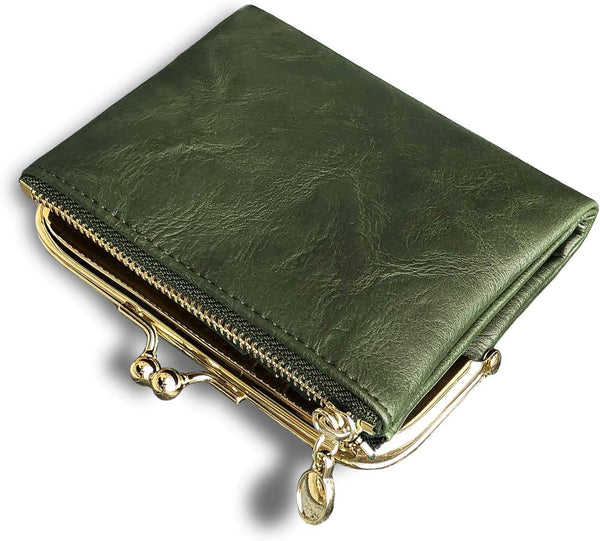 Womens Small RFID Compact Bifold Wallet — Vintage Kiss-Lock Coin Purse
