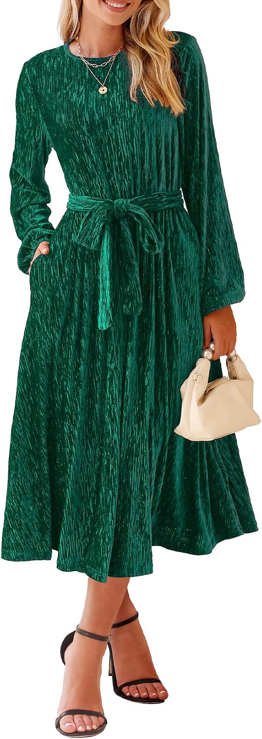 Happy Sailed Women's Velvet Dress Fashion Fall Winter Long Sleeve High Waist A-Line Semi Formal Wedding Guest Dresses