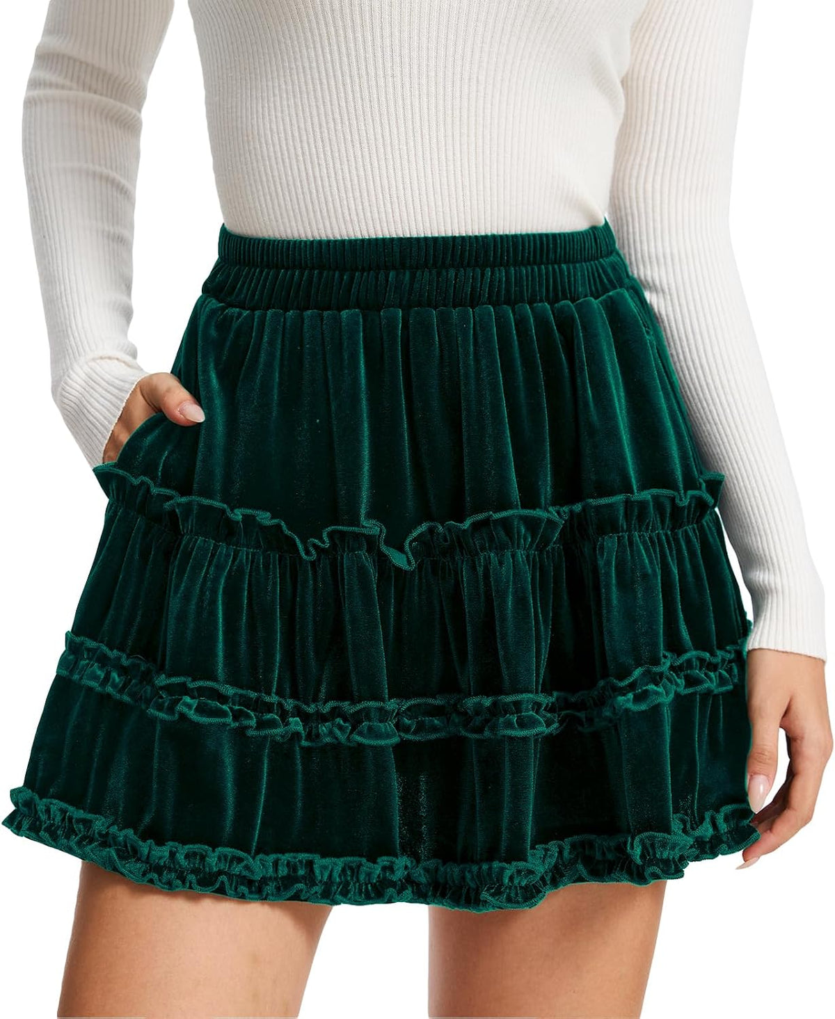 HERBATOMIA Women’s Velvet Mini Tiered Skater Skirts for Women with Pockets