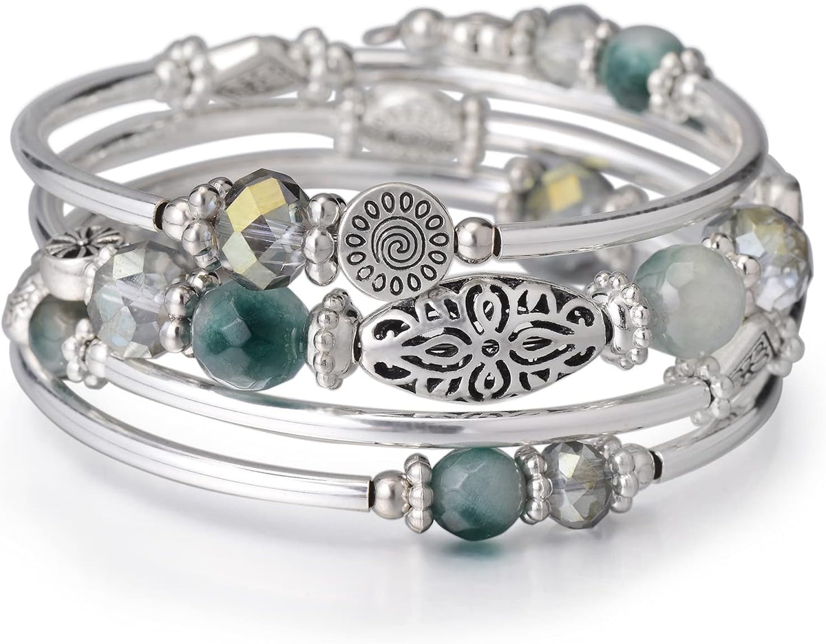Stackable Beaded Bracelets for Women Boho Wrap Silver Bracelet Layered Fashion Jewelry Gifts for Her