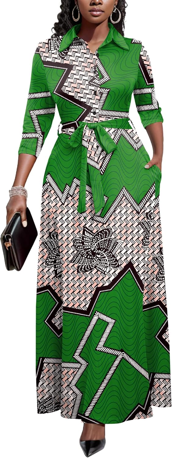 Runwind Womens Maxi Dress 3/4 Sleeve Button Down Church Dress with Pockets