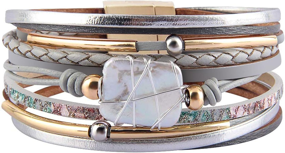 Fesciory Leather Wrap Bracelet for Women, Boho Western Layered Cuff Jewelry