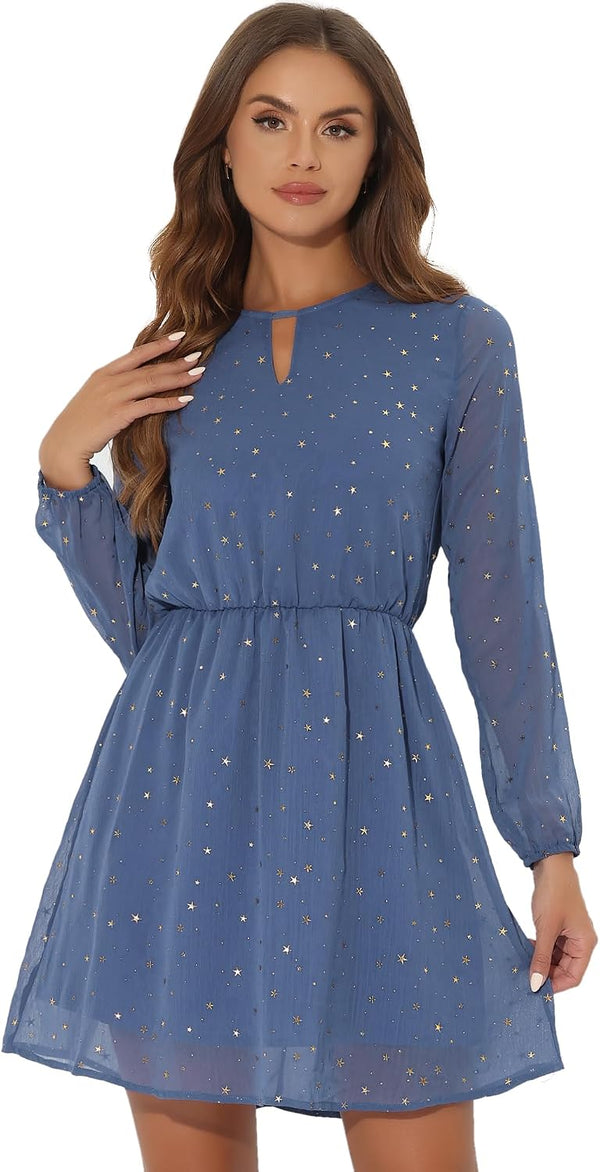 Allegra K Women Metallic Star Choker V Neck Party Flared A-Line Dress