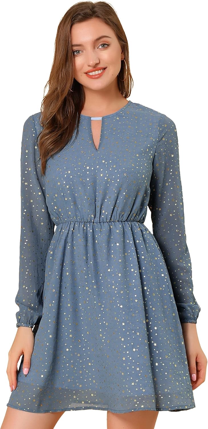 Allegra K Women Metallic Star Choker V Neck Party Flared A-Line Dress
