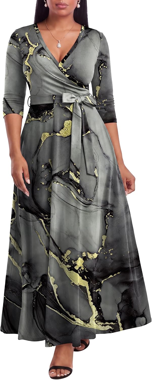 FANDEE Plus Size Maxi Dress for Women Casual Summer Sundress V-Neck 3/4 Sleeve