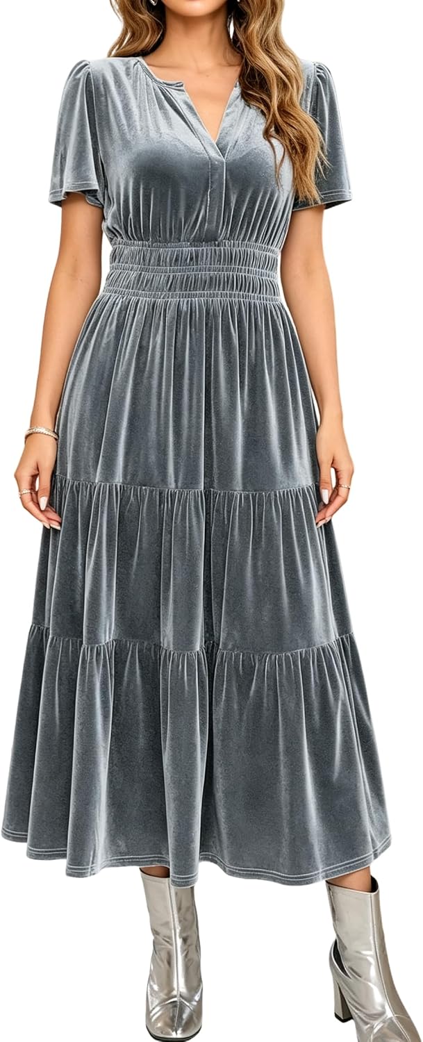 R.Vivimos Womens Fall Winter Velvet Elastic Waist Maxi Dress