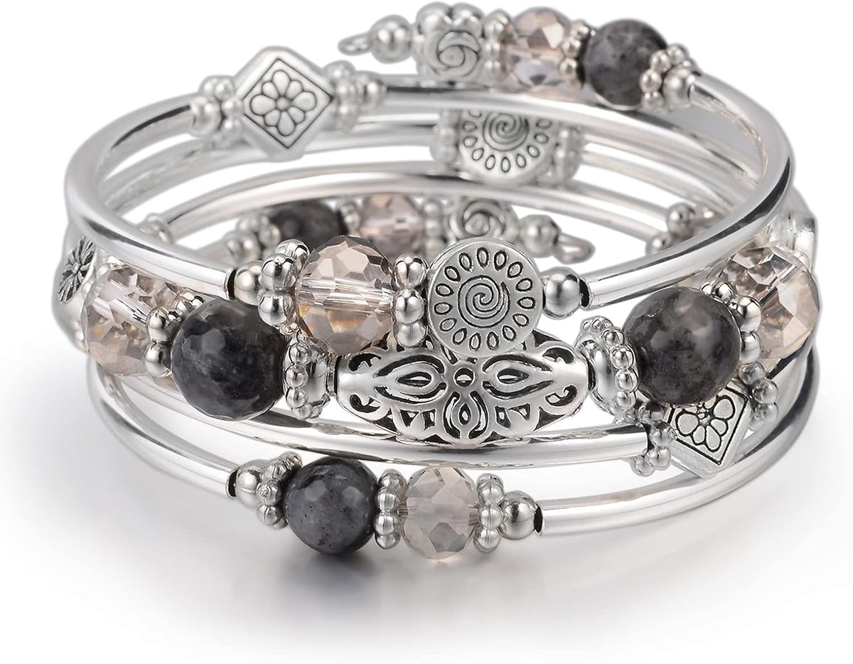 Stackable Beaded Bracelets for Women Boho Wrap Silver Bracelet Layered Fashion Jewelry Gifts for Her