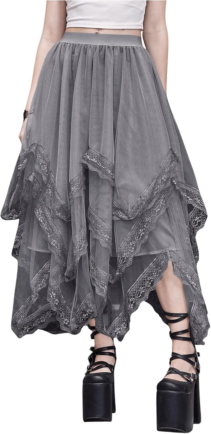 SHENHE Women's Lace Trim Layered Mesh Tulle Skirt Asymmetrical Goth Skirt