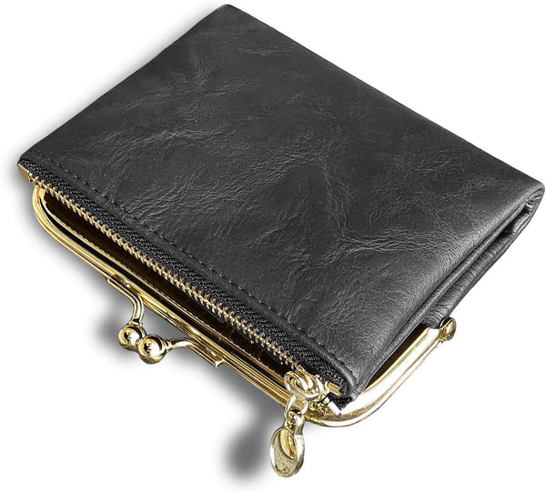 Womens Small RFID Compact Bifold Wallet — Vintage Kiss-Lock Coin Purse