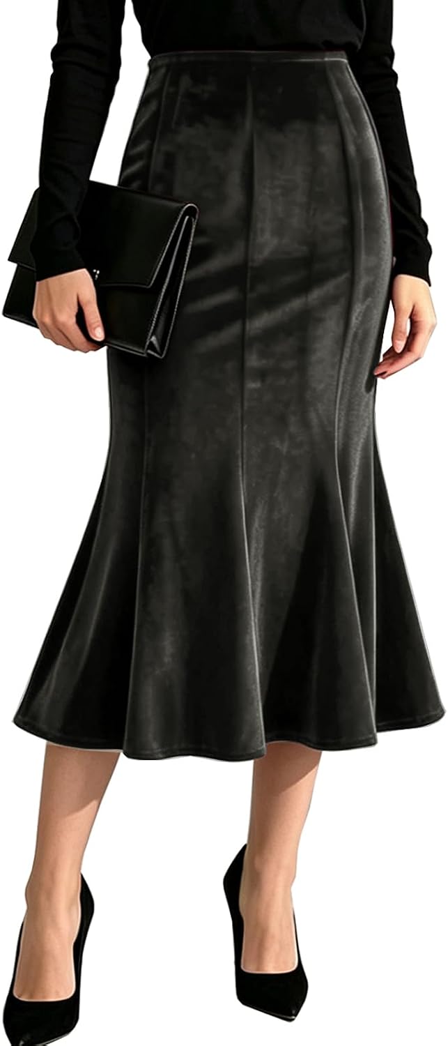 TONCHENGSD Women's Fall Winter Velvet Midi Skirt High Wasit Bodycon Fishtail Skirts
