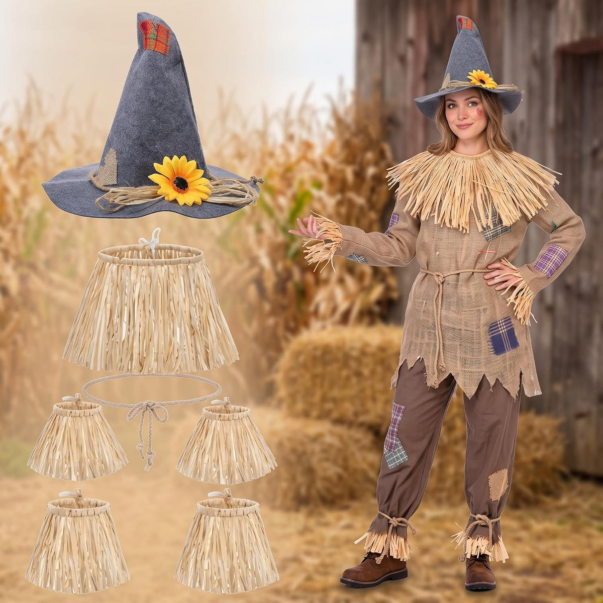 Geyoga 7 Pcs Scarecrow Costume Set Scarecrow Hat and Straw Kit