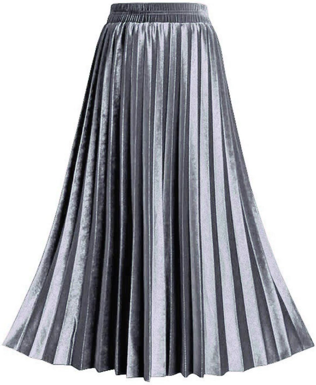 TONCHENGSD Women's Fall Winter Velvet Midi Skirt High Elastic Waist Pleated Skirt