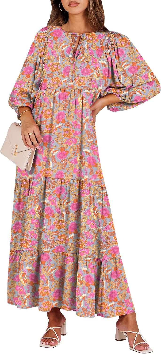 ANRABESS Womens Boho Floral 3/4 Puff Sleeve Maxi Dress