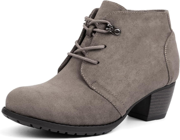 Women's Ankle Boots,Lace-up Round Toe Comfortable Low Heel Dress Booties with Side Zipper