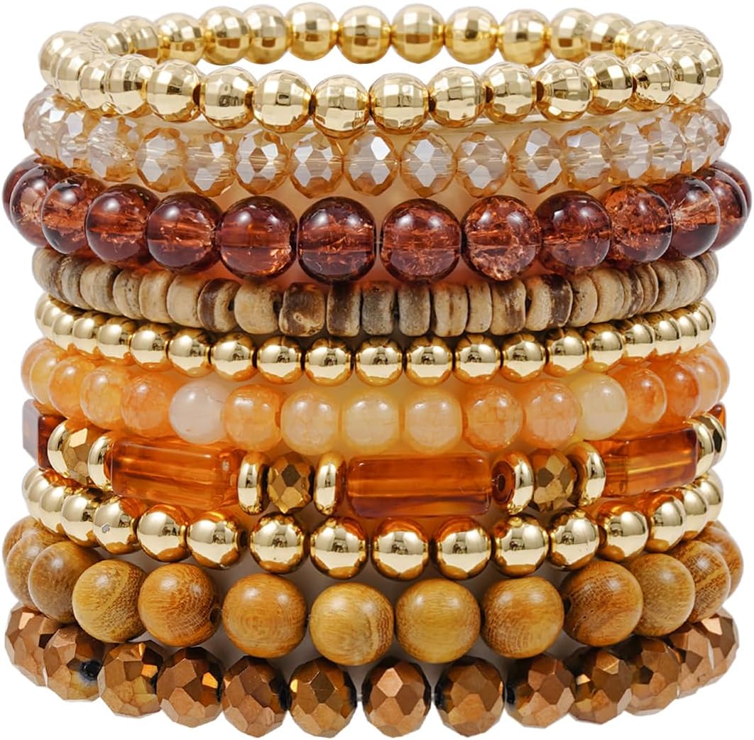 Surfer Heishi Clay Bead Bracelets for Women Bohemian Stackable Gold Plated Beaded Stretch Bracelets Elastic Layering Friendship Bracelets Set Boho Jewelry