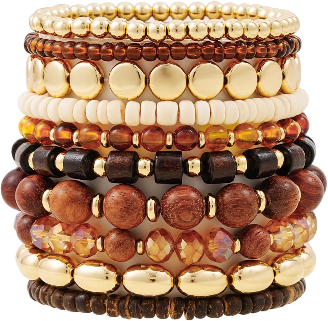 Surfer Heishi Clay Bead Bracelets for Women Bohemian Stackable Gold Plated Beaded Stretch Bracelets Elastic Layering Friendship Bracelets Set Boho Jewelry
