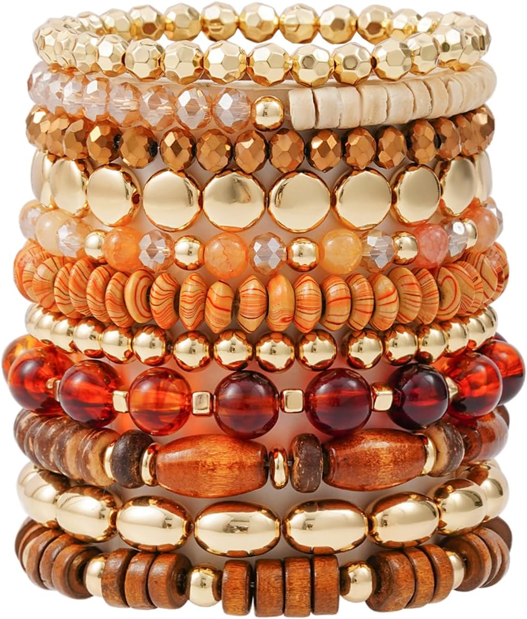 Surfer Heishi Clay Bead Bracelets for Women Bohemian Stackable Gold Plated Beaded Stretch Bracelets Elastic Layering Friendship Bracelets Set Boho Jewelry
