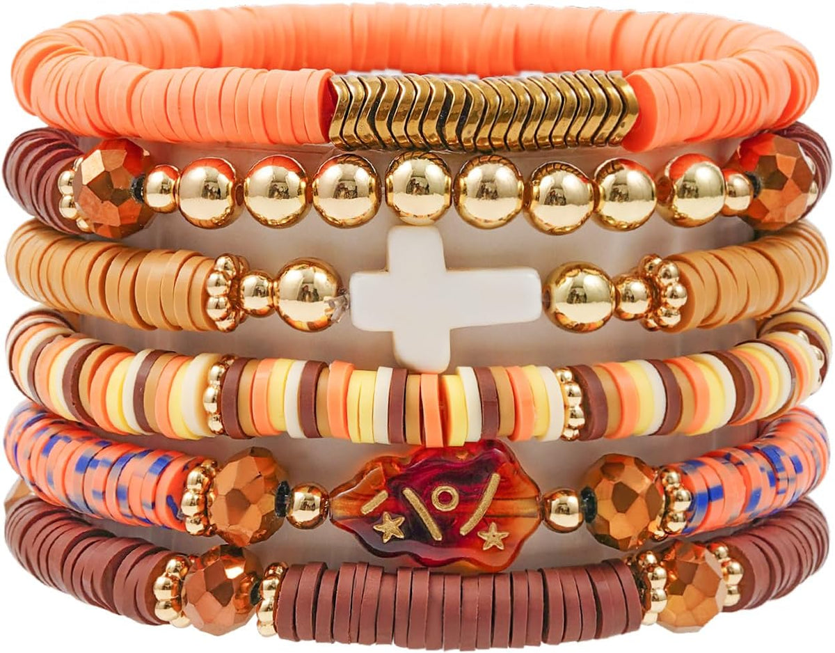 Surfer Heishi Clay Bead Bracelets for Women Bohemian Stackable Gold Plated Beaded Stretch Bracelets Elastic Layering Friendship Bracelets Set Boho Jewelry