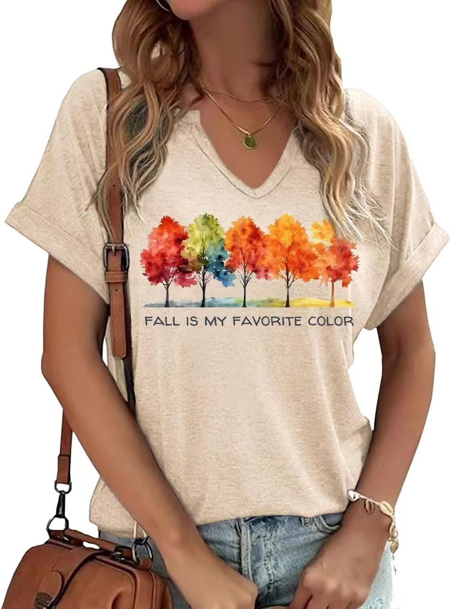 Earlymemb Women Fall Halloween Doodles V Neck Shirt Thanksgiving Casual Tee