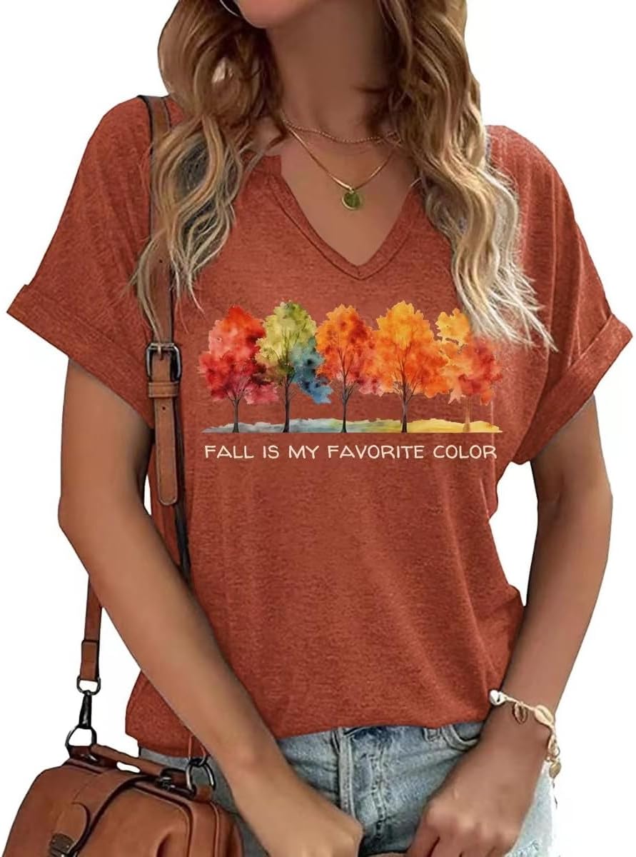 Earlymemb Women Fall Halloween Doodles V Neck Shirt Thanksgiving Casual Tee