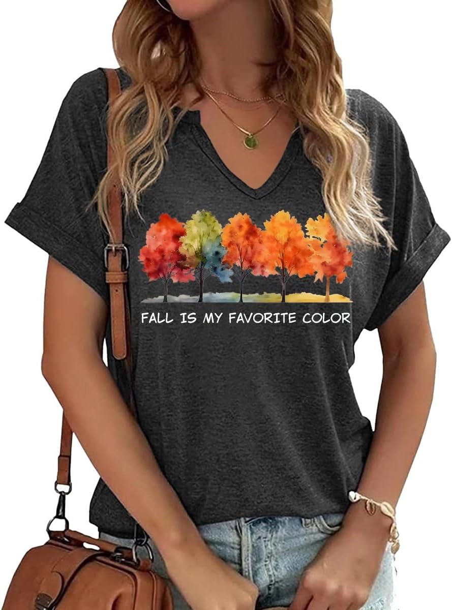 Earlymemb Women Fall Halloween Doodles V Neck Shirt Thanksgiving Casual Tee