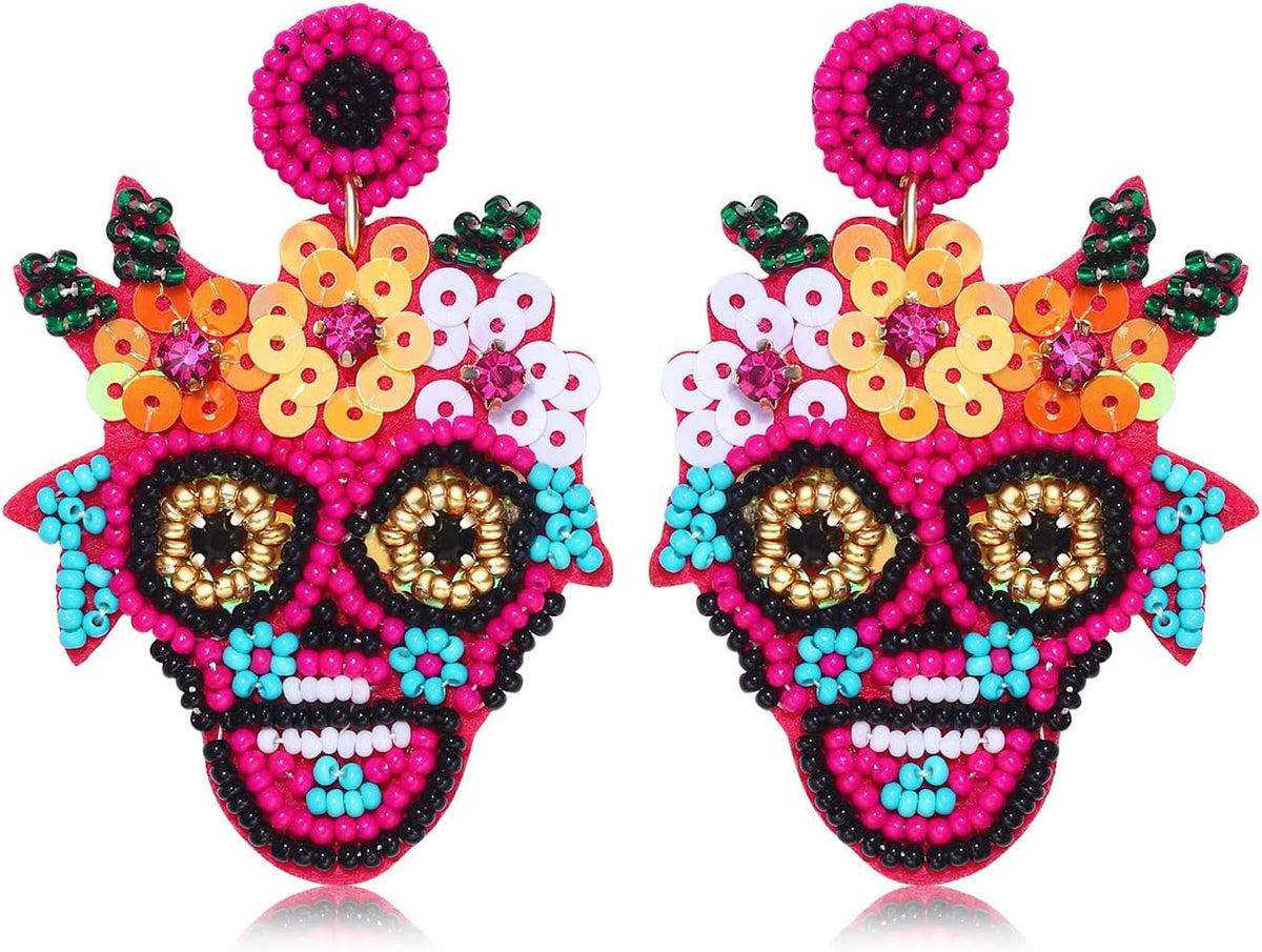 Halloween Earrings for Women Cute Pumpkin Ghost Beaded Dangle Earrings Statement Spooky Skull Witch Hat Boo Trick Treat RIP Earrings Fun Halloween Holiday Costumes Party Jewelry Gifts