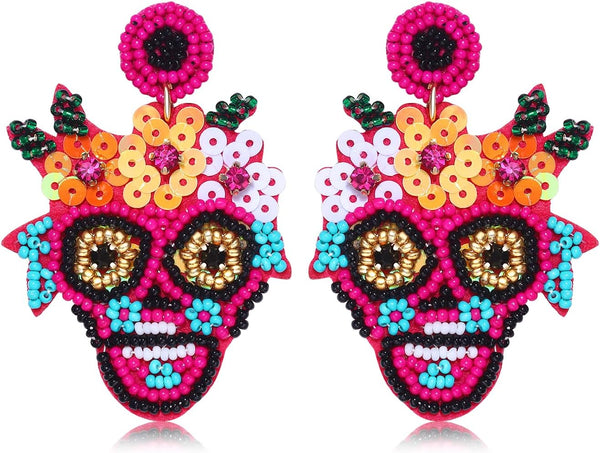 Halloween Earrings for Women Cute Pumpkin Ghost Beaded Dangle Earrings Statement Spooky Skull Witch Hat Boo Trick Treat RIP Earrings Fun Halloween Holiday Costumes Party Jewelry Gifts