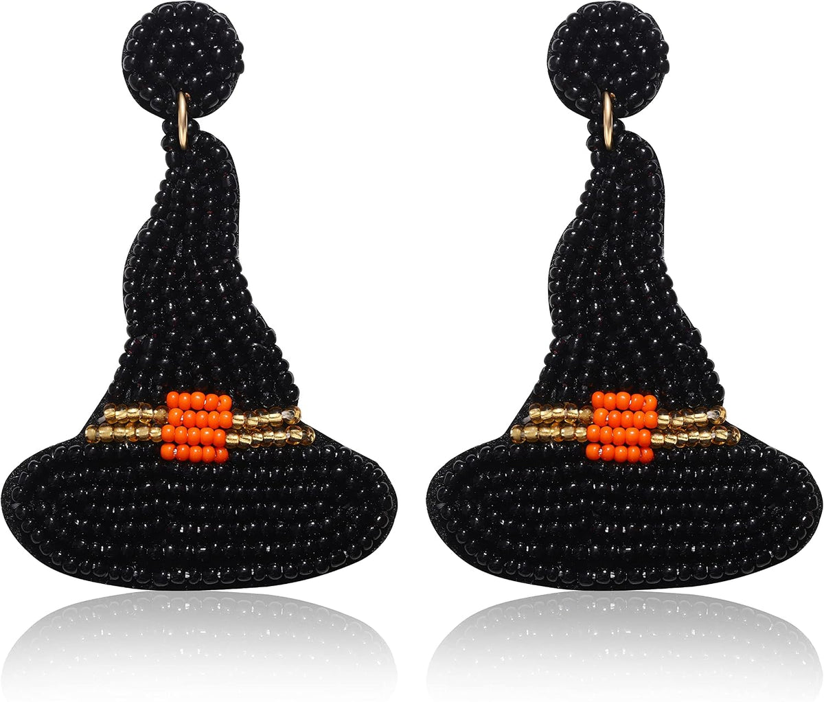 Halloween Earrings for Women Cute Pumpkin Ghost Beaded Dangle Earrings Statement Spooky Skull Witch Hat Boo Trick Treat RIP Earrings Fun Halloween Holiday Costumes Party Jewelry Gifts