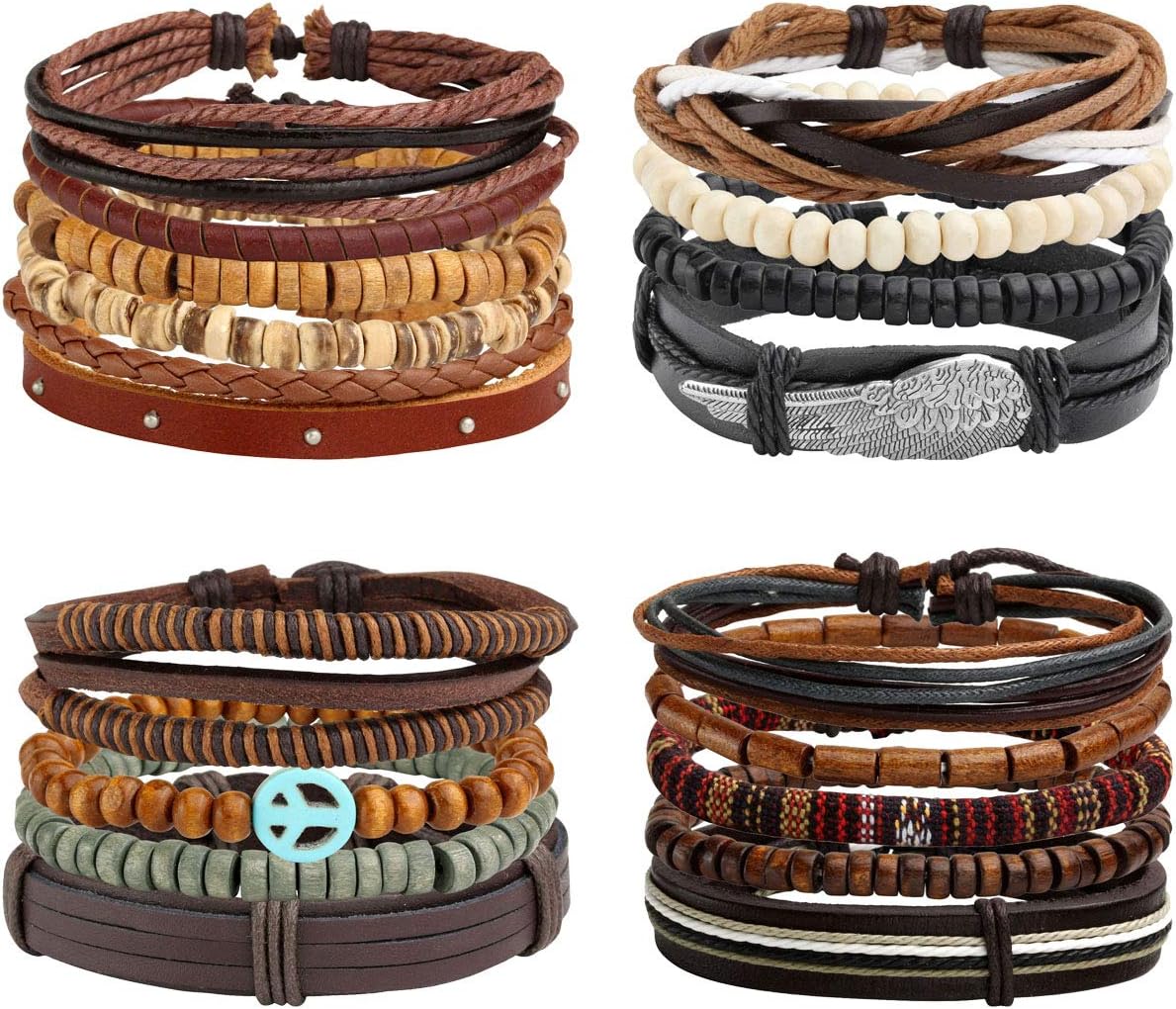6-12PCS Braided Faux Leather Bracelet Punk Cuff Wrap Bracelets for Men Women Adjustable