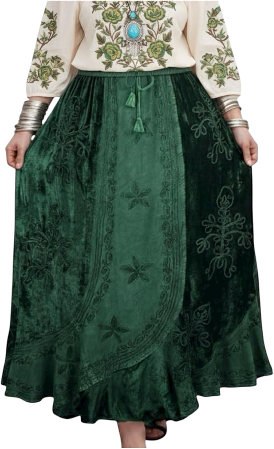 Agan Summer Long Skirts for Women, Boho Embroidered Rayon Velvet Maxi Skirt