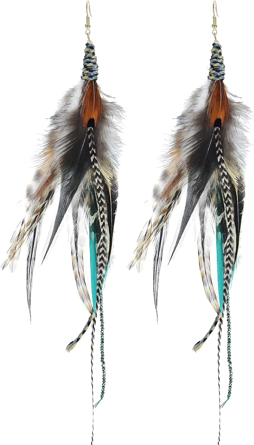 Punk Vintage Long Tassel Feather Beads Drop Wolf Tooth Pendant Earring Fish Hook Earrings Suitable to Wear At All Times