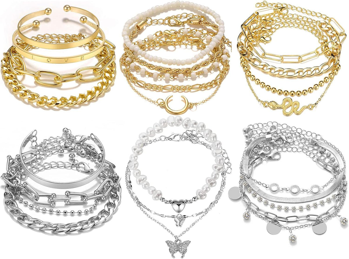 18-25 PCS(6 Pack) Boho Gold Silver Stackable Bracelets Set for Women