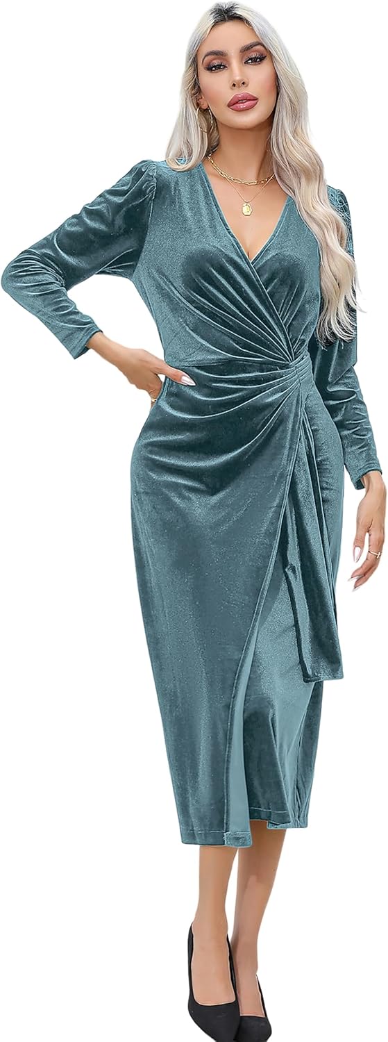 R.Vivimos Women's Velvet Wrap Fall Winter Elegant Midi Dress