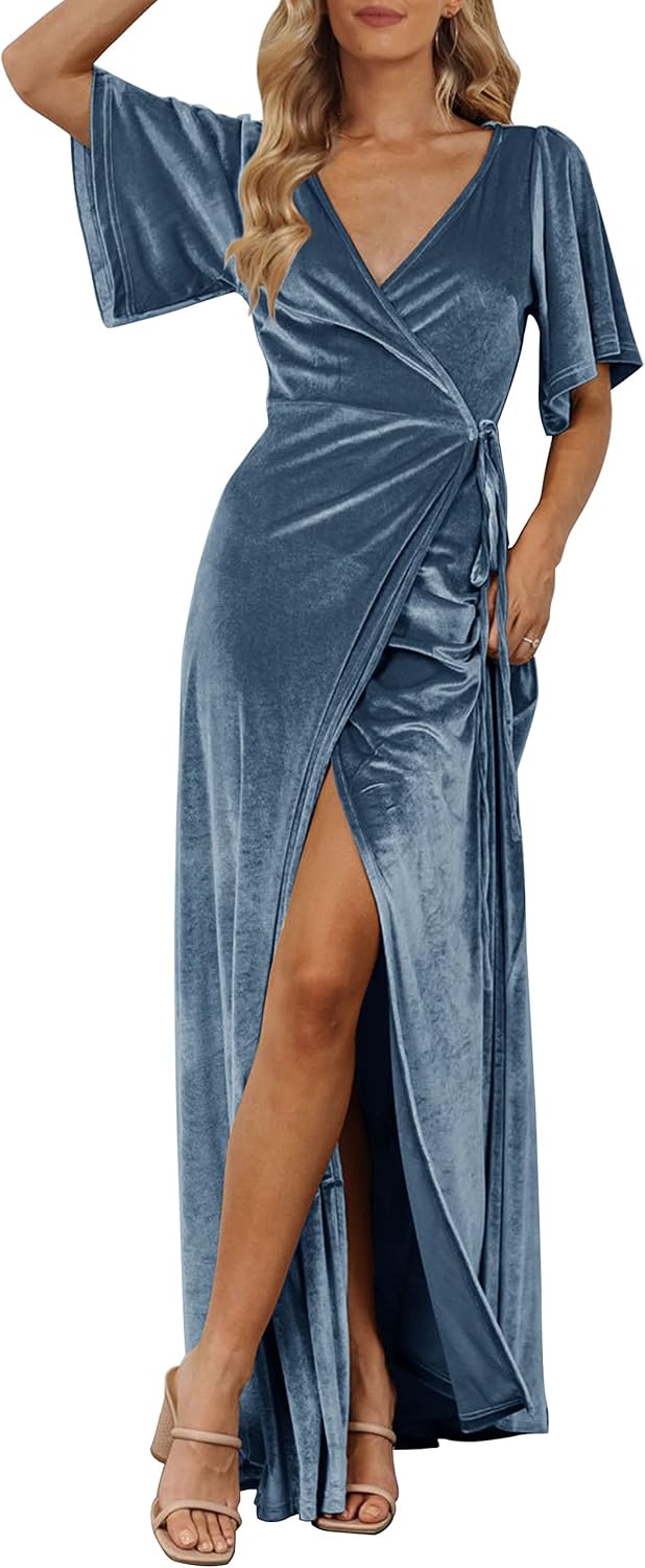 MEROKEETY Women's Wrap V Neck Wedding Guest Cocktail Velvet Maxi Dress