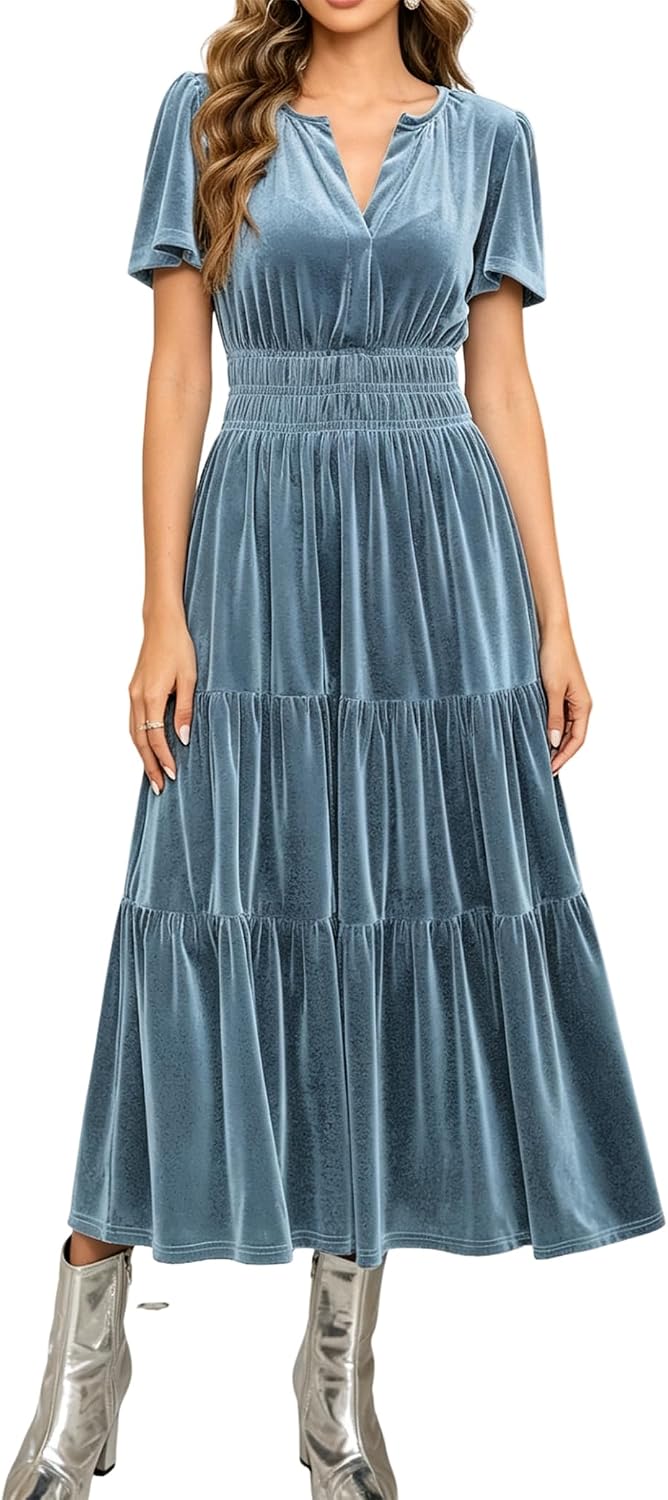 R.Vivimos Womens Fall Winter Velvet Elastic Waist Maxi Dress