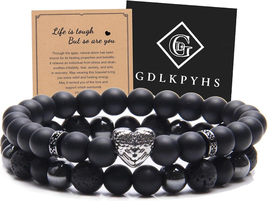 Black Obsidian Bracelet for Men - Black Tourmaline Beaded Bracelets - Mens Bracelet Set 8MM Black Onyx Hematite Lava Stone Beads Triple Protection Bracelet for Men Women Gifts