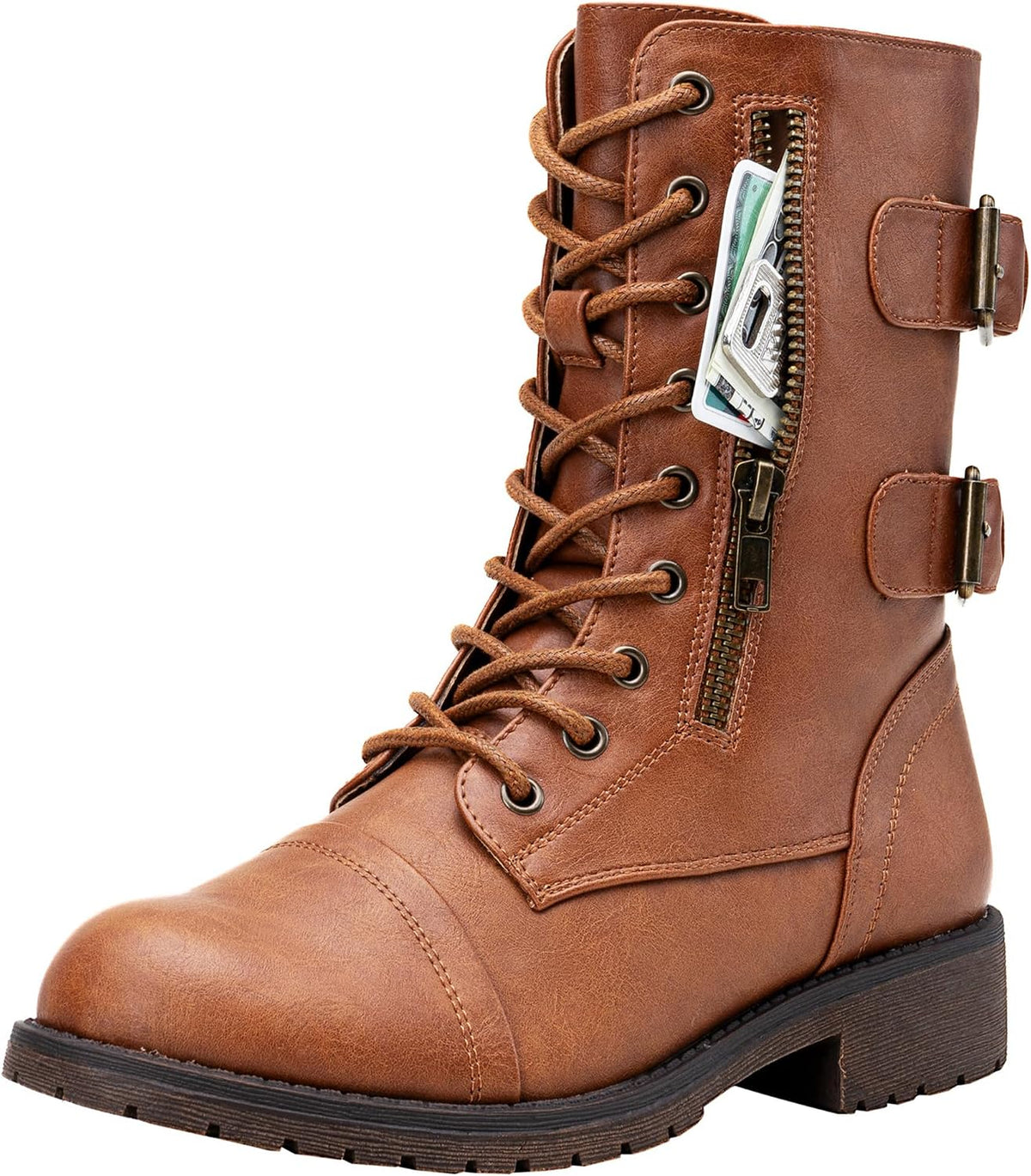 Women's Lace Up Mid Calf Combat Boots with Functional Pocket
