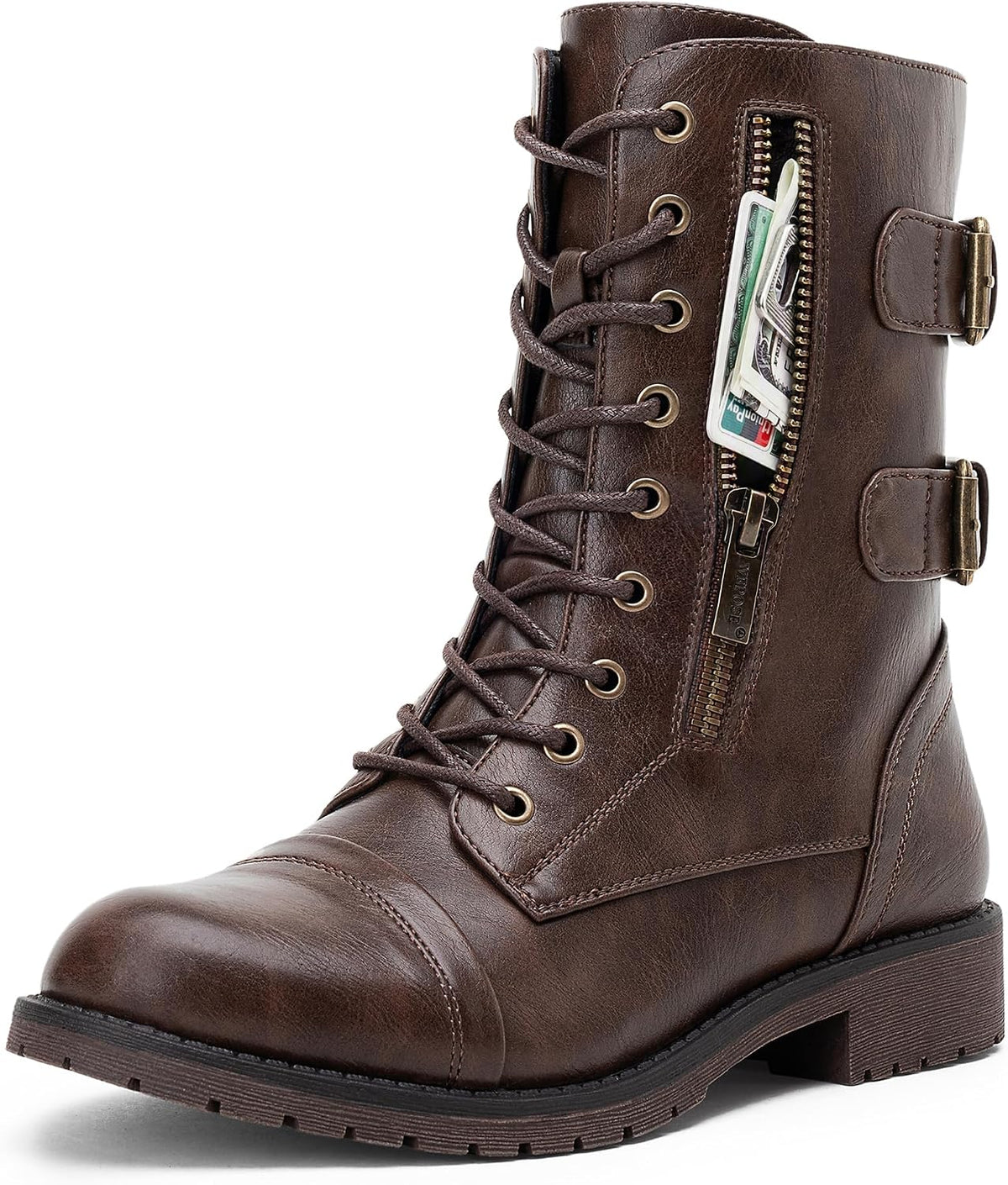 Women's Lace Up Mid Calf Combat Boots with Functional Pocket