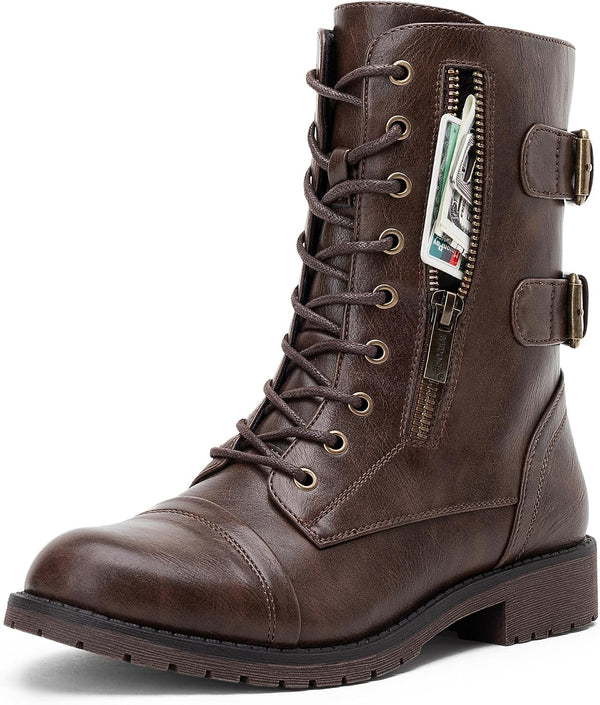 Women's Lace Up Mid Calf Combat Boots with Functional Pocket